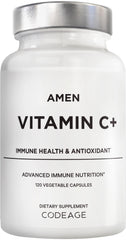Amen Vitamin C+ bottle with zinc and plant-based ingredients including bioflavonoids, elderberry, quercetin and rose hips