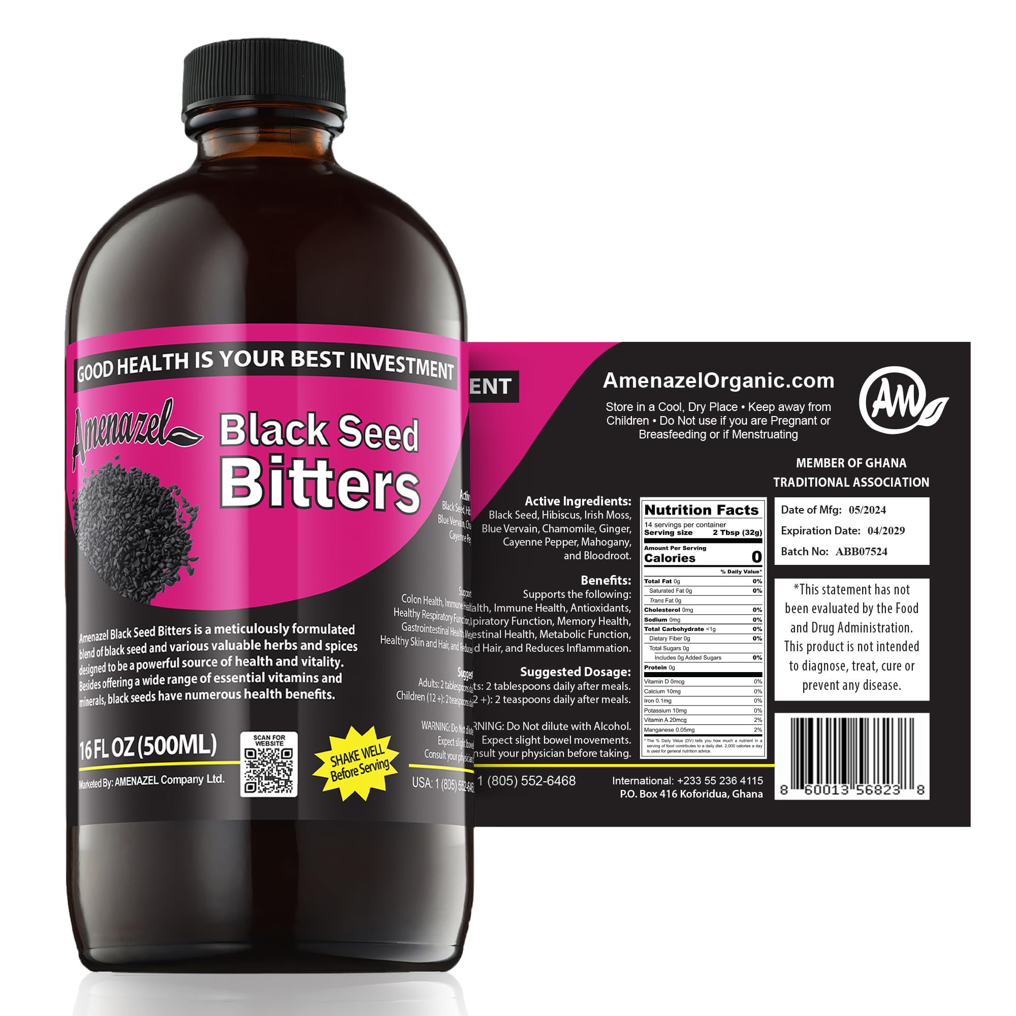 Amenazel Organic Black Seed Bitters bottle, 16 fl oz