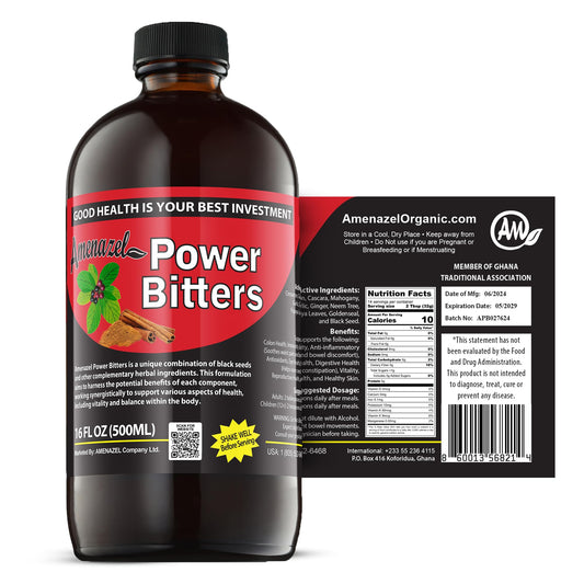 Amenazel Organic Power Bitters bottle 16 fl oz with plant-based formula for immune support and gentle digestive cleansing