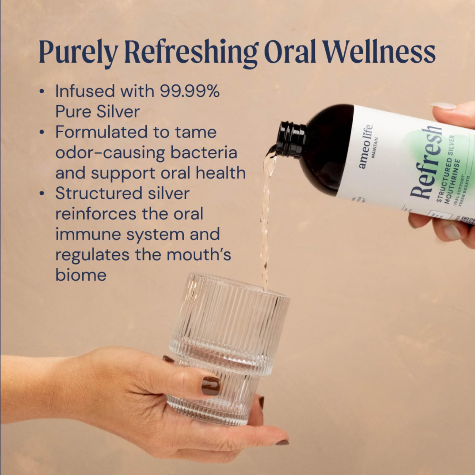 Product label of Ameo Life silver mouthwash 10ppm mint