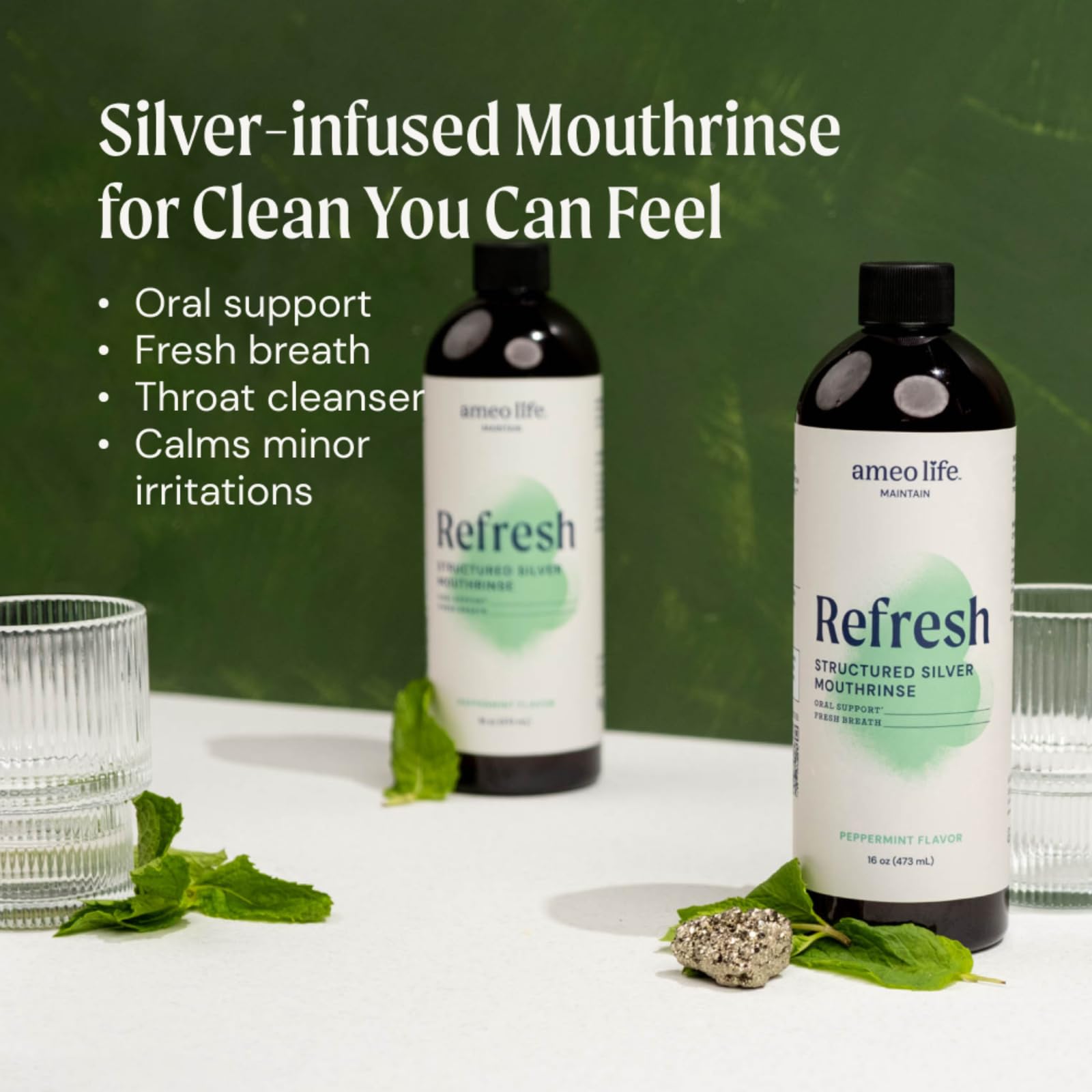 Mint flavored structured silver mouthwash bottle close-up