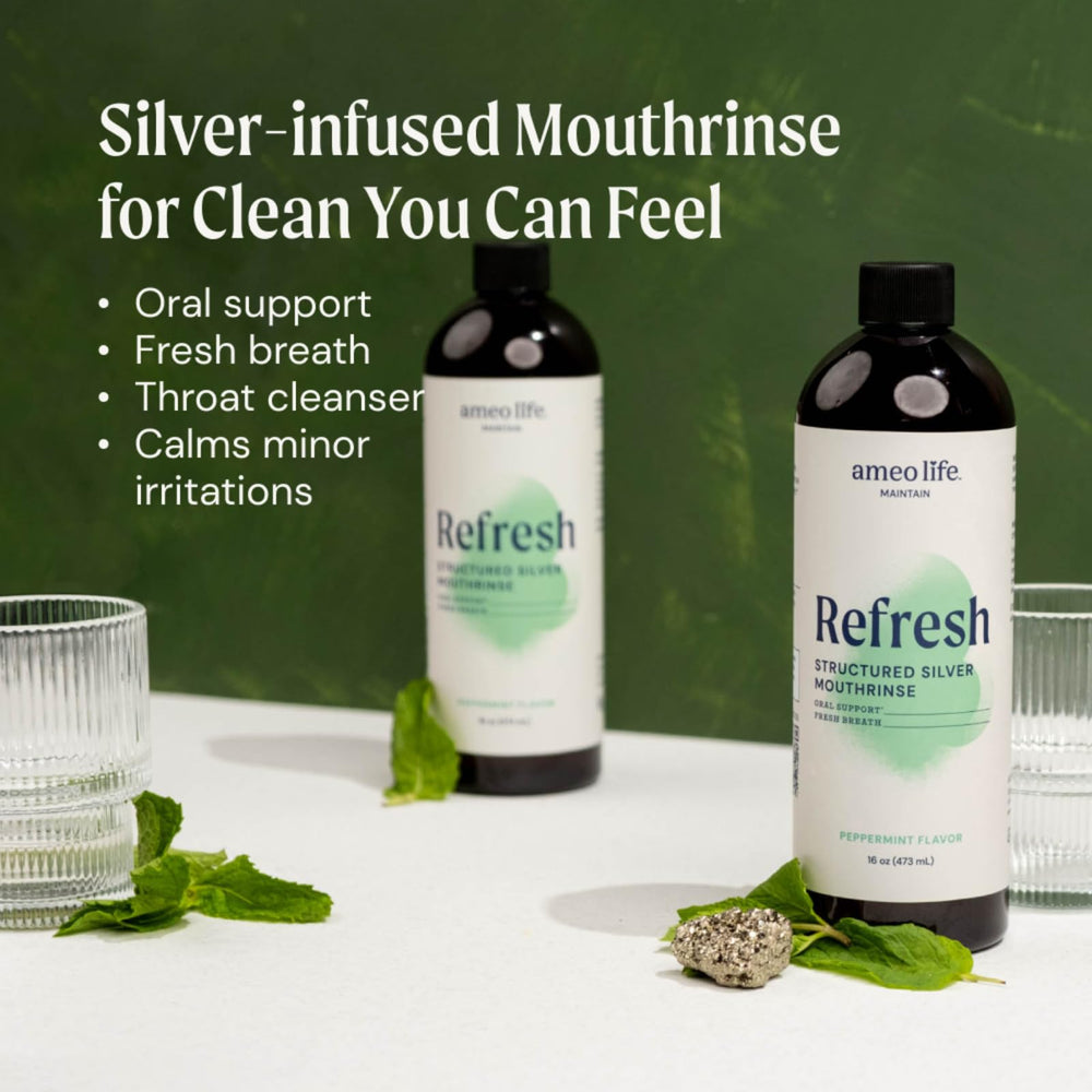 Mint flavored structured silver mouthwash bottle close-up