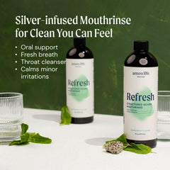 Mint flavored structured silver mouthwash bottle close-up