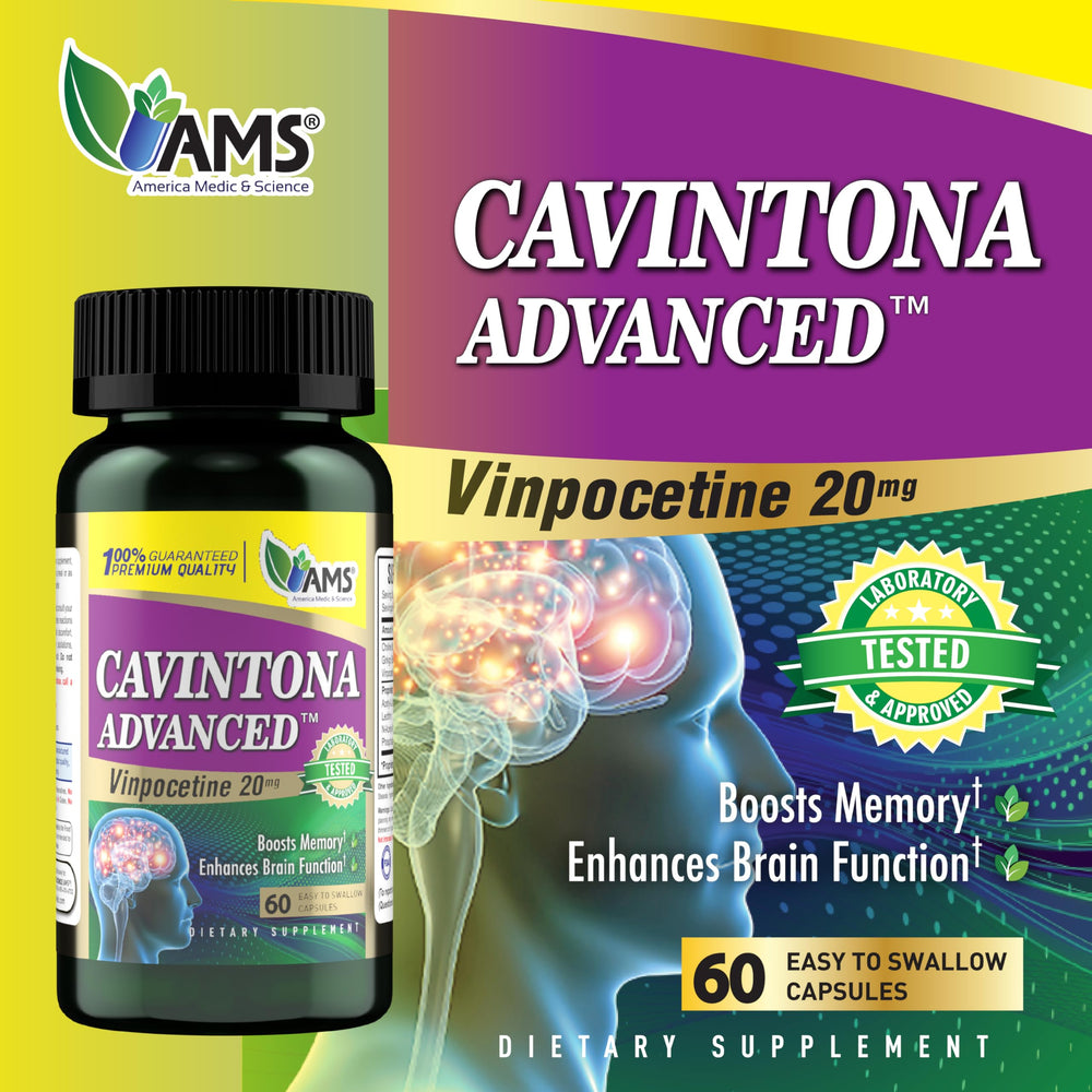 Cavintona advanced supplement packaging showing 60 capsules