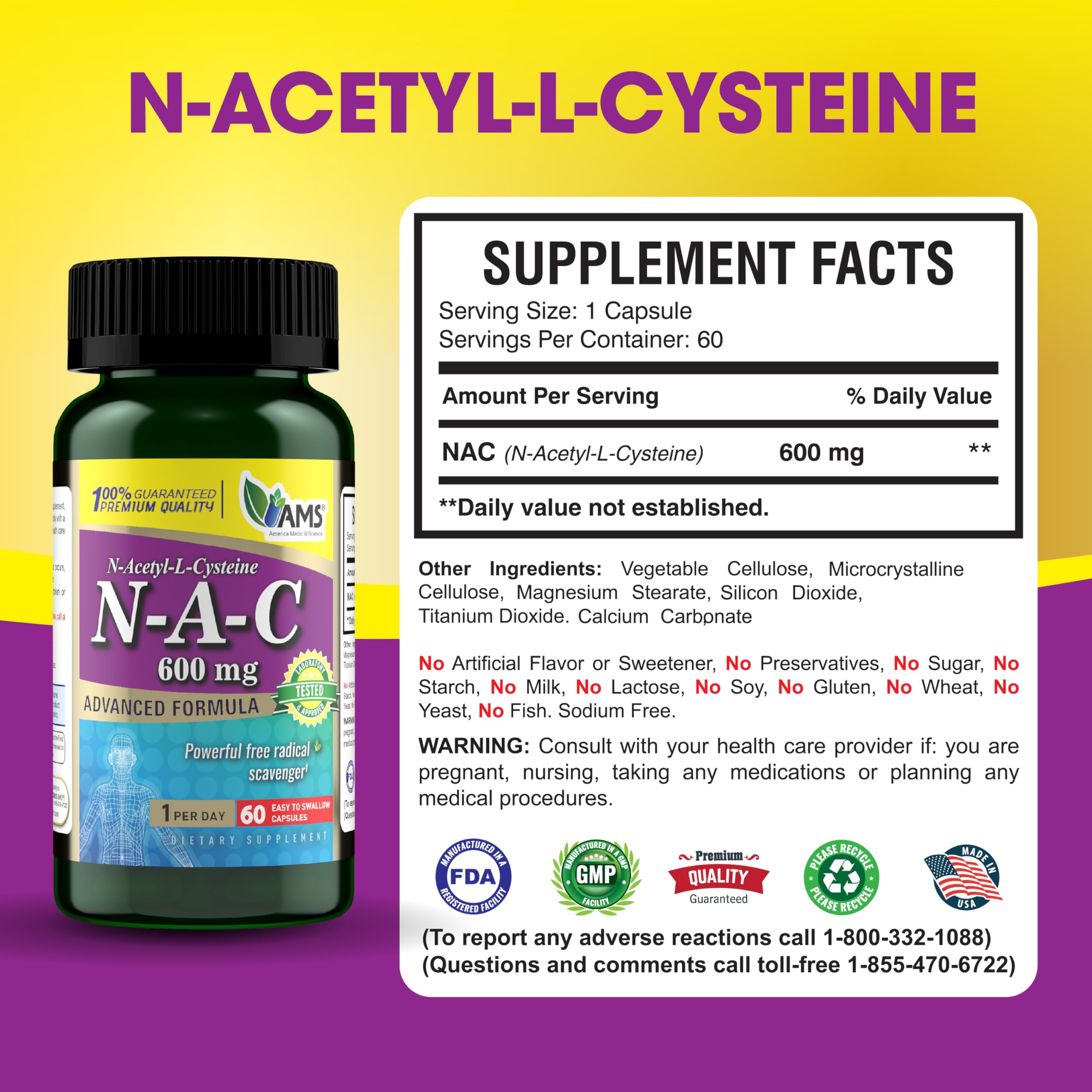 Product packaging and label of NAC 600mg supplement