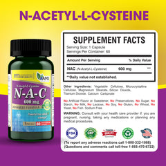 Product packaging and label of NAC 600mg supplement