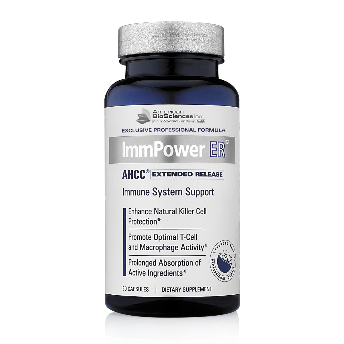 Bottle of American BioSciences ImmPower ER AHCC Extended Release Immune Support