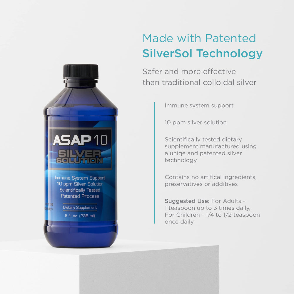 Close-up of ASAP 10 Silver Solution bottle showing SilverSol Technology