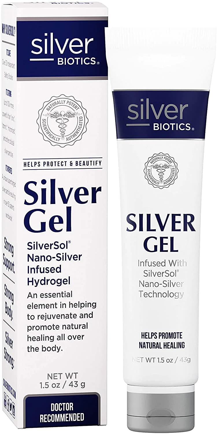 Front view of American Biotech Labs Silver Biotics SilverSol 20 PPM soothing skin gel 1.5 oz