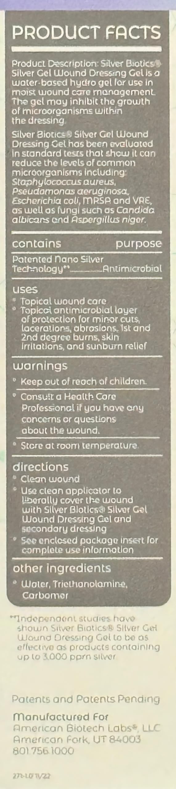American Biotech Labs Silver Gel-relief-inflammation shows reduced irritation potential.