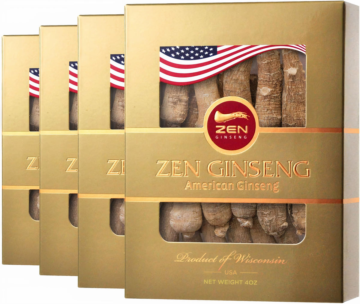 Front view of 4 boxes of American Ginseng Root — Wisconsin 4oz each