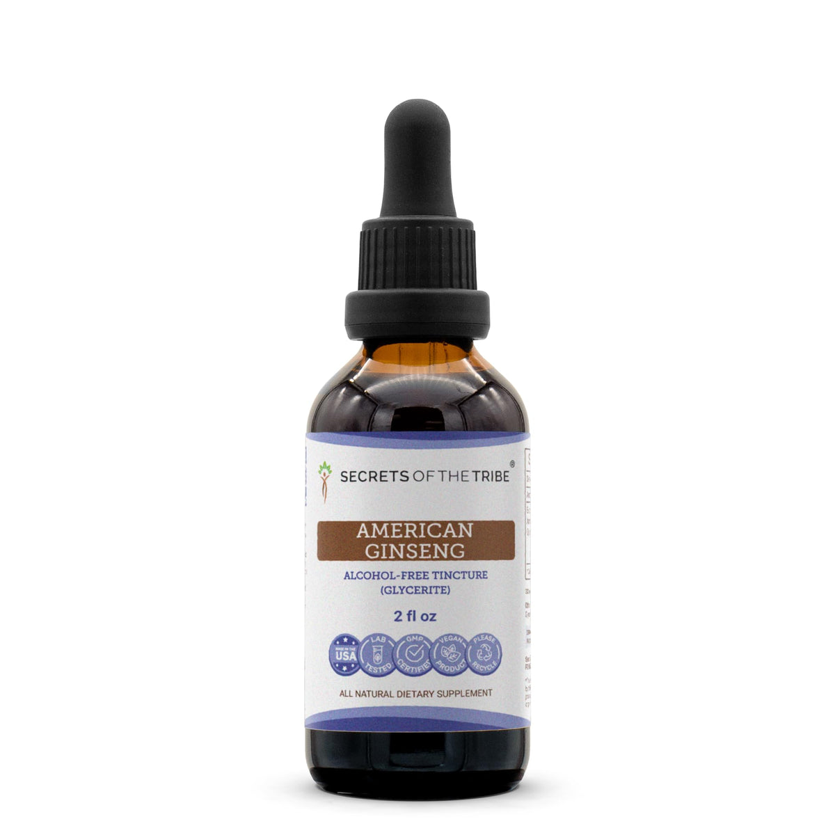 Bottle of Secrets of the Tribe American Ginseng Tincture, alcohol-free, 2 fl oz