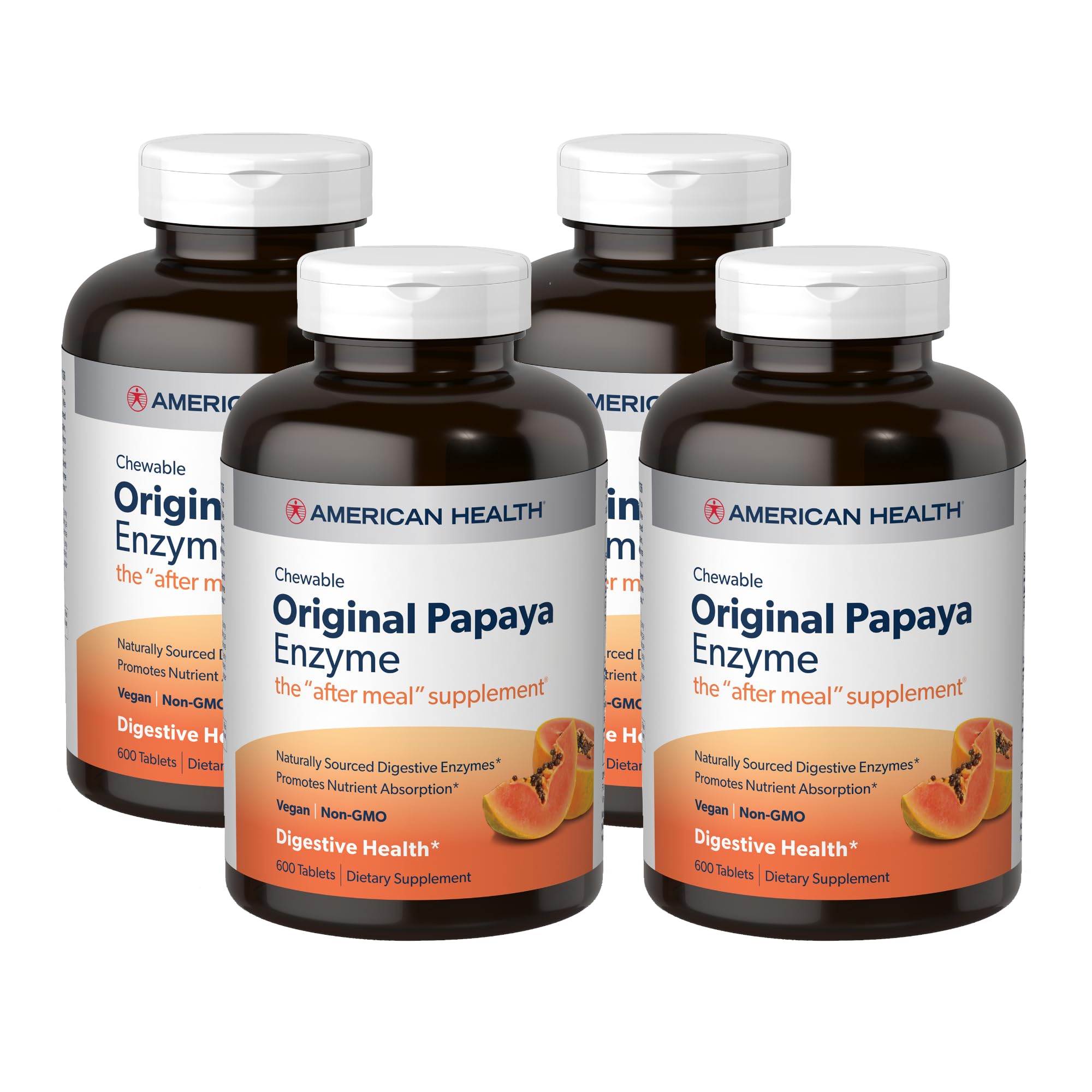 American Health Papaya Enzyme chewables after meals support digestion with plant-based enzymes.