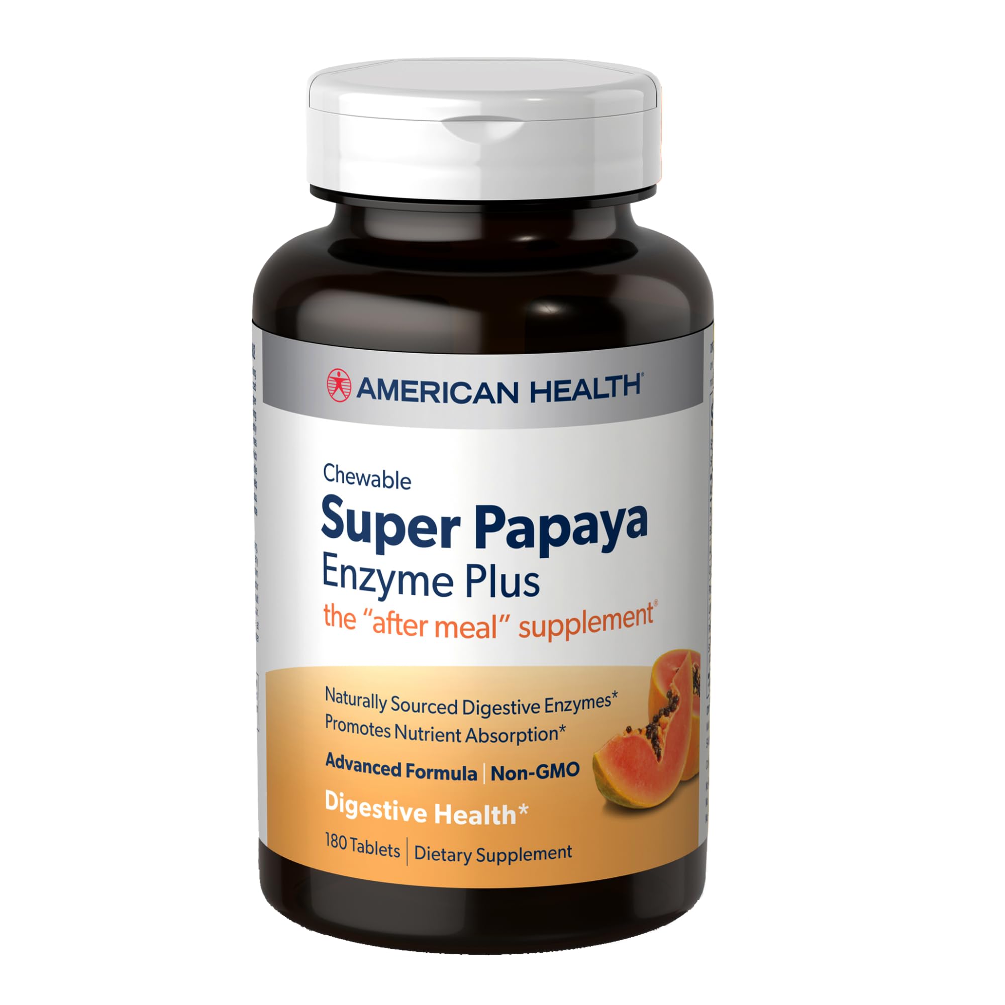 Bottle of American Health Super Papaya Enzyme Plus chewable tablets