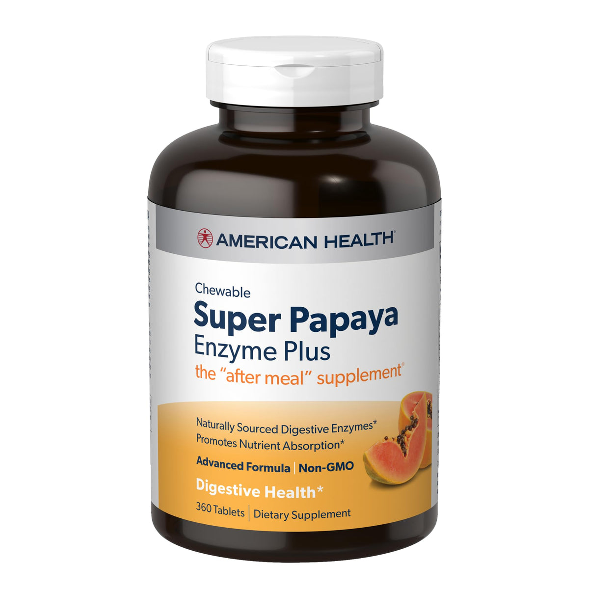 Bottle of American Health Super Papaya Enzyme Plus 360 chewable tablets