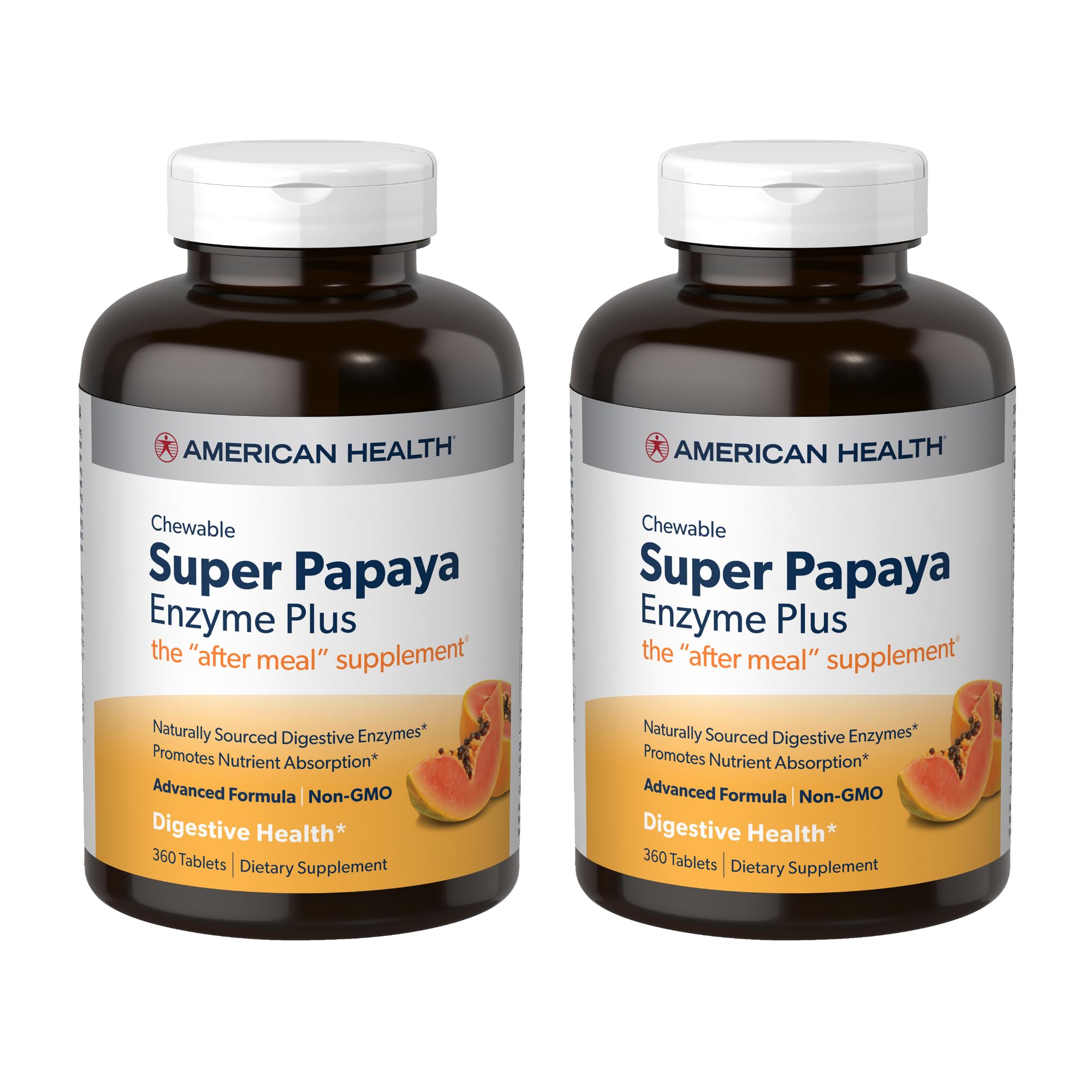 Front view of American Health Super Papaya Enzyme Plus packaging showing 360 chewable tablets in Pack of 2