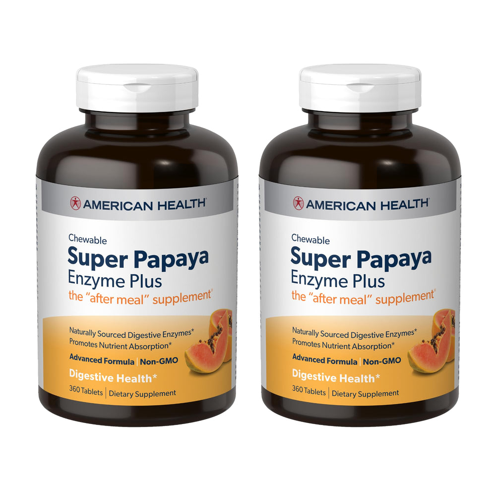 Front view of American Health Super Papaya Enzyme Plus packaging showing 360 chewable tablets in Pack of 2