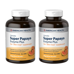 Front view of American Health Super Papaya Enzyme Plus packaging showing 360 chewable tablets in Pack of 2