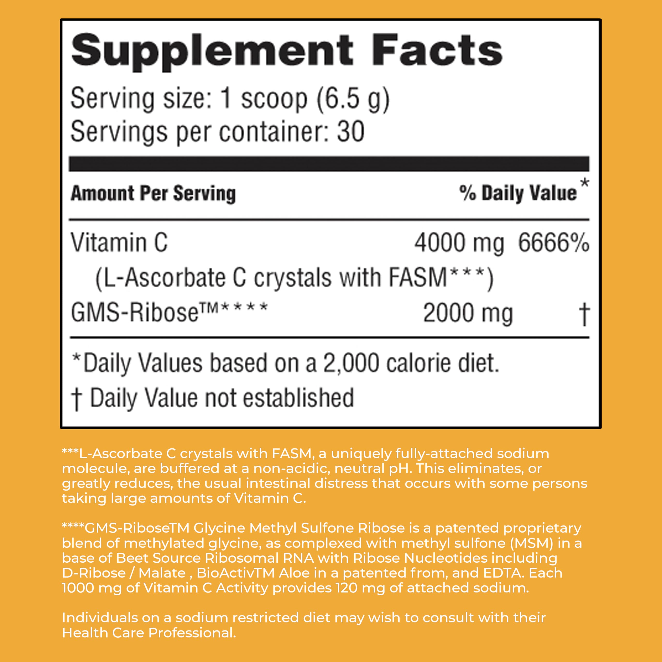 pH-neutral non-acidic Vitamin C powder label