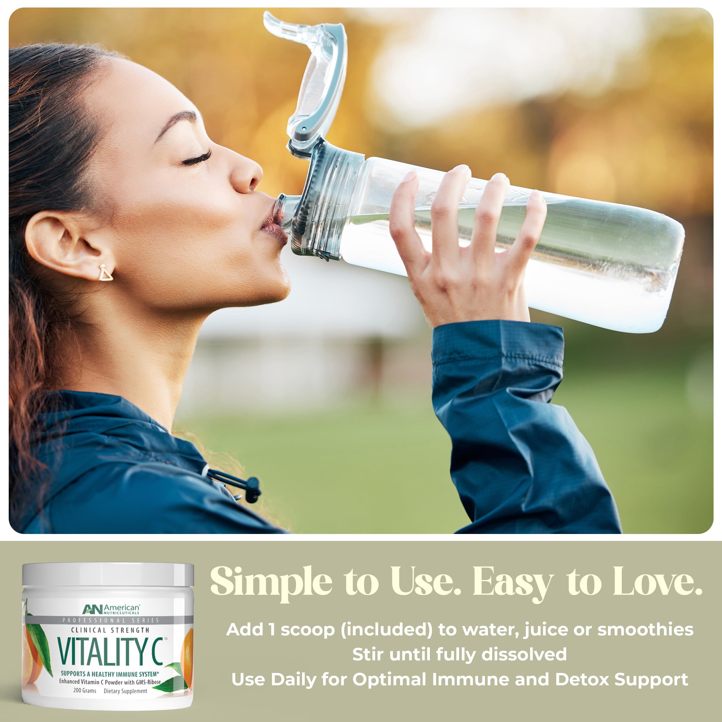 American Nutriceuticals Vitamin C Powder in water glass showing tasteless blend
