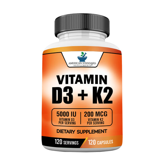 Bottle of American Standard Supplements Vitamin D3 5000 IU and Vitamin K2 MK-7