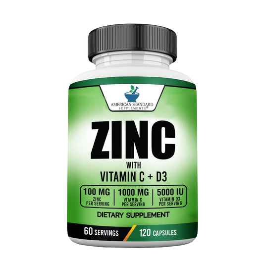 Front of American Standard Supplements bottle featuring zinc, vitamin C, and vitamin D3 blend