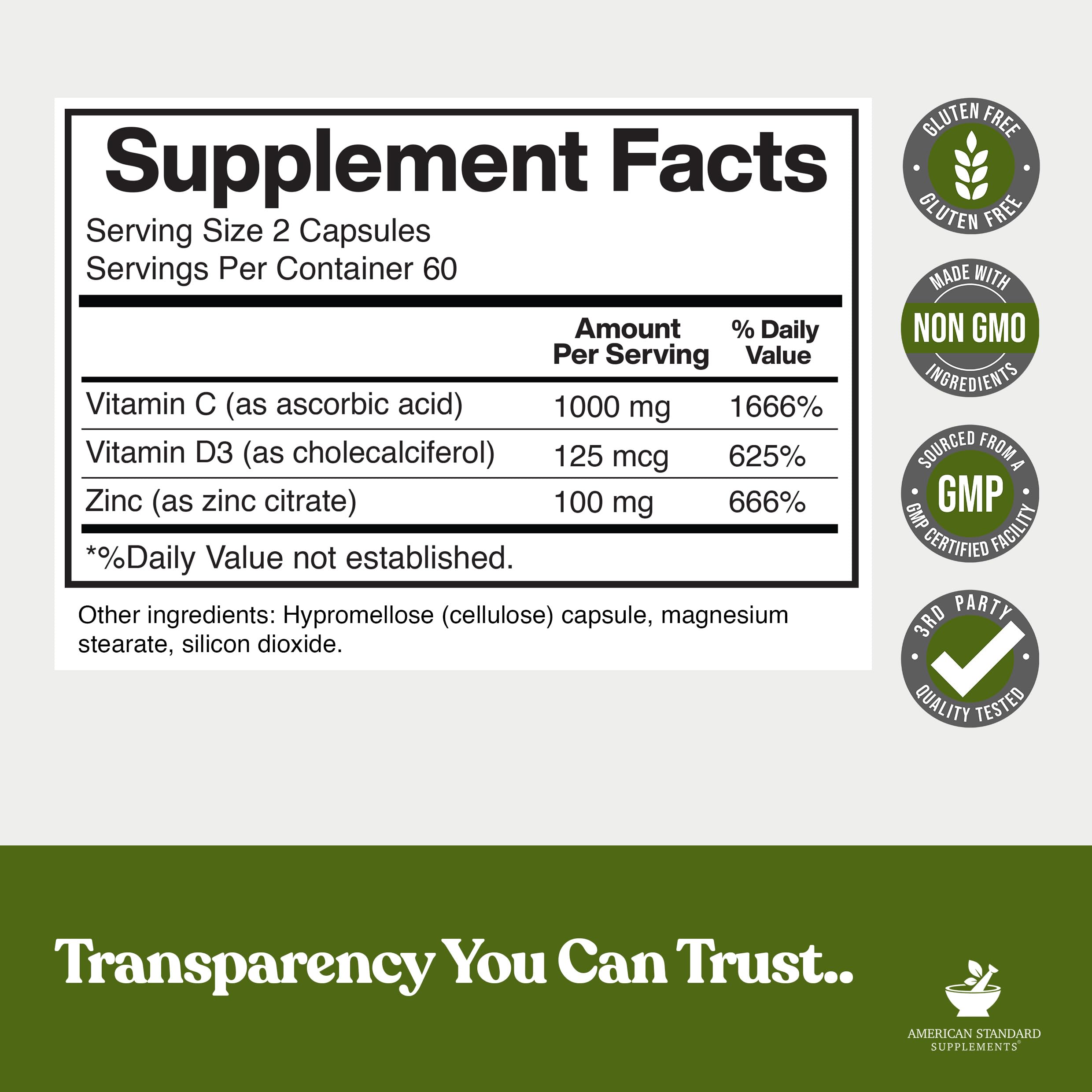 Bottle label detailing zinc 100mg, vitamin C 1000mg, and vitamin D3 5000 IU