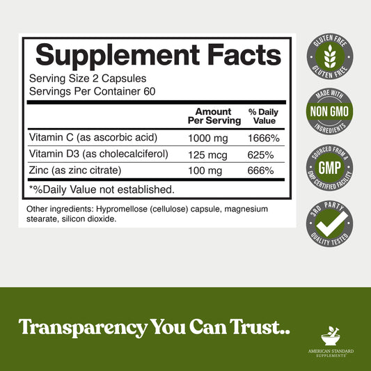 Bottle label detailing zinc 100mg, vitamin C 1000mg, and vitamin D3 5000 IU