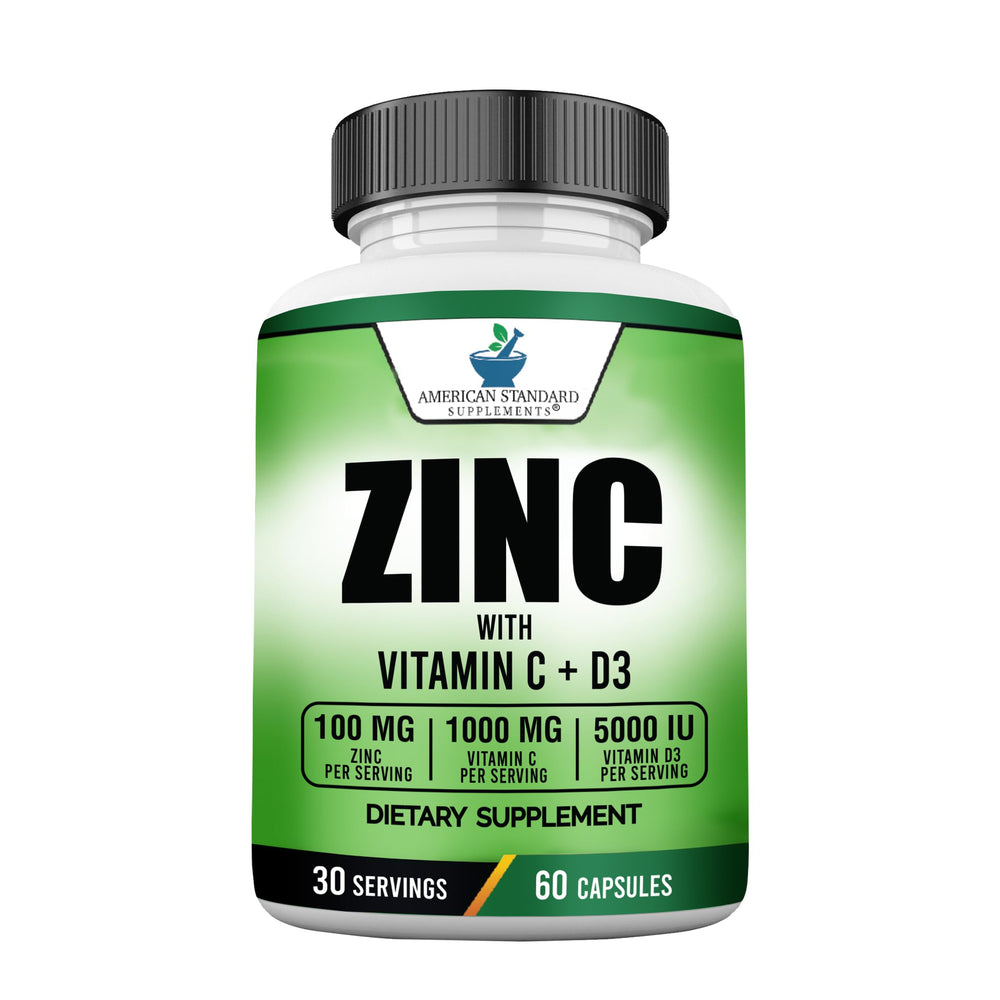 Front view of American Standard Supplements bottle showing Zinc 100mg, Vitamin C 1000mg, and D3 5000 IU