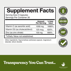Close-up of supplement facts panel listing Zinc 100mg, Vitamin C 1000mg, D3 5000 IU per serving