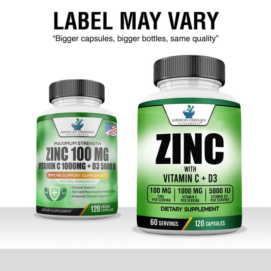 Supplement bottle label showing zinc 100mg, vitamin C 1000mg, and vitamin D3 5000 IU per serving