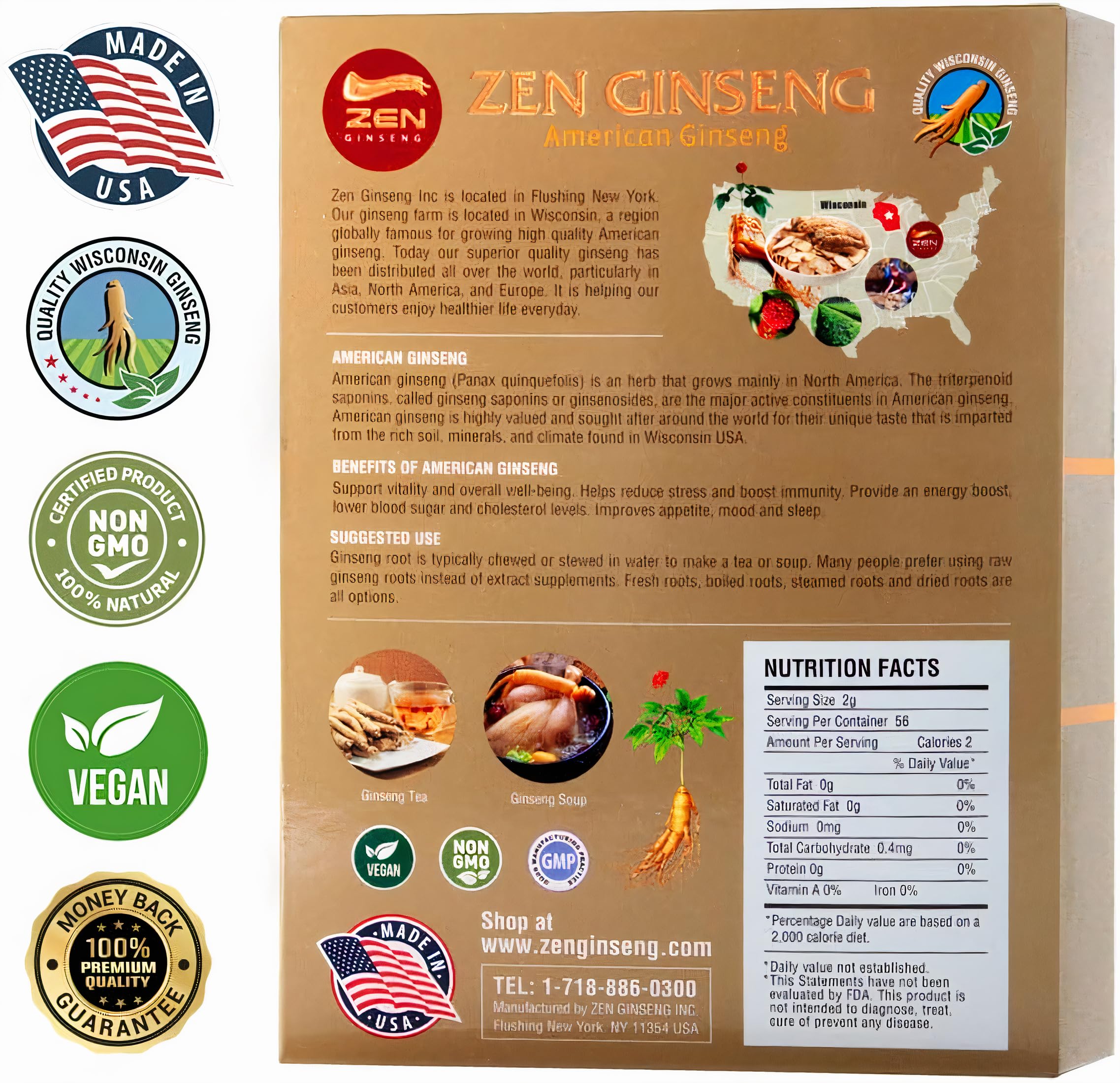 Back label view of 1 Box American Wisconsin Ginseng 4oz