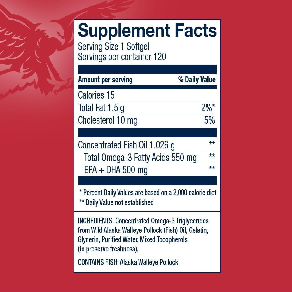 Close-up of AmerOmega softgel showing 550mg Omega-3 per capsule