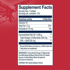 Close-up of AmerOmega softgel showing 550mg Omega-3 per capsule