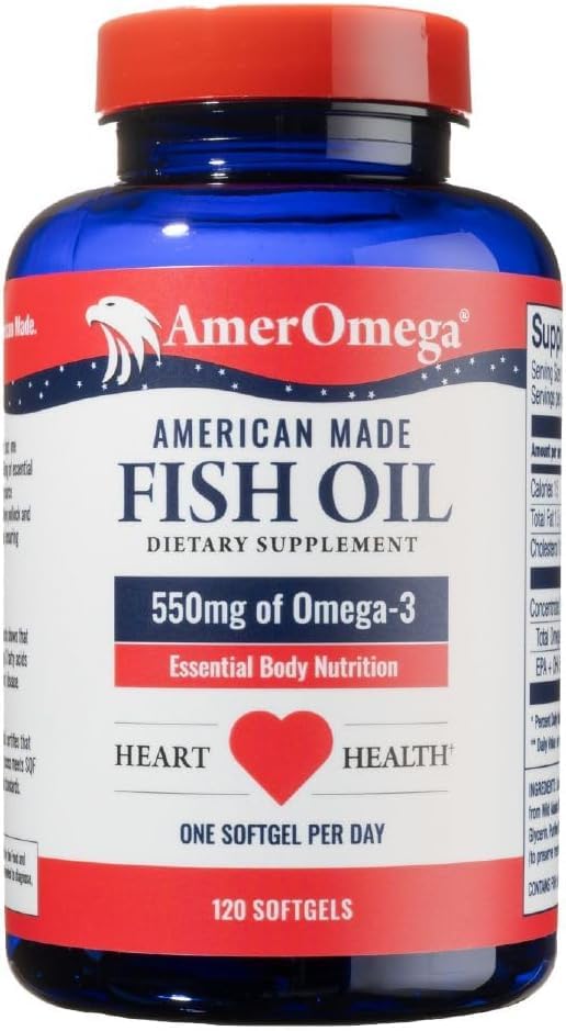 AmerOmega triglyceride omega-3 softgel bottle on white background