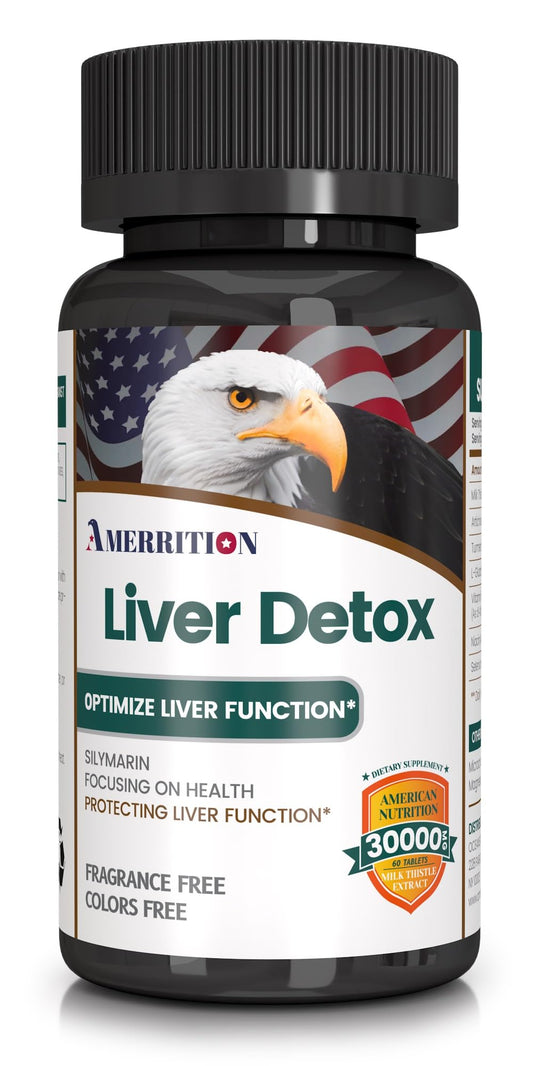 Bottle of Amerrition Liver Support with milk thistle and turmeric on label