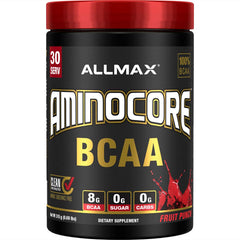 Front view of ALLMAX AMINOCORE BCAA Powder Fruit Punch 315 g bottle