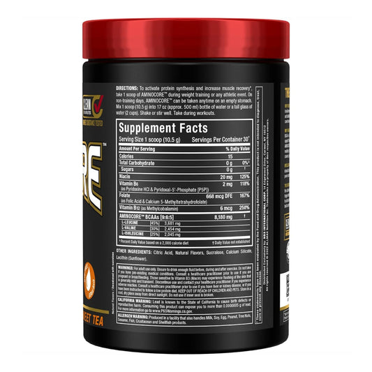 AMINOCORE BCAA Powder label with flavor Sweet Tea