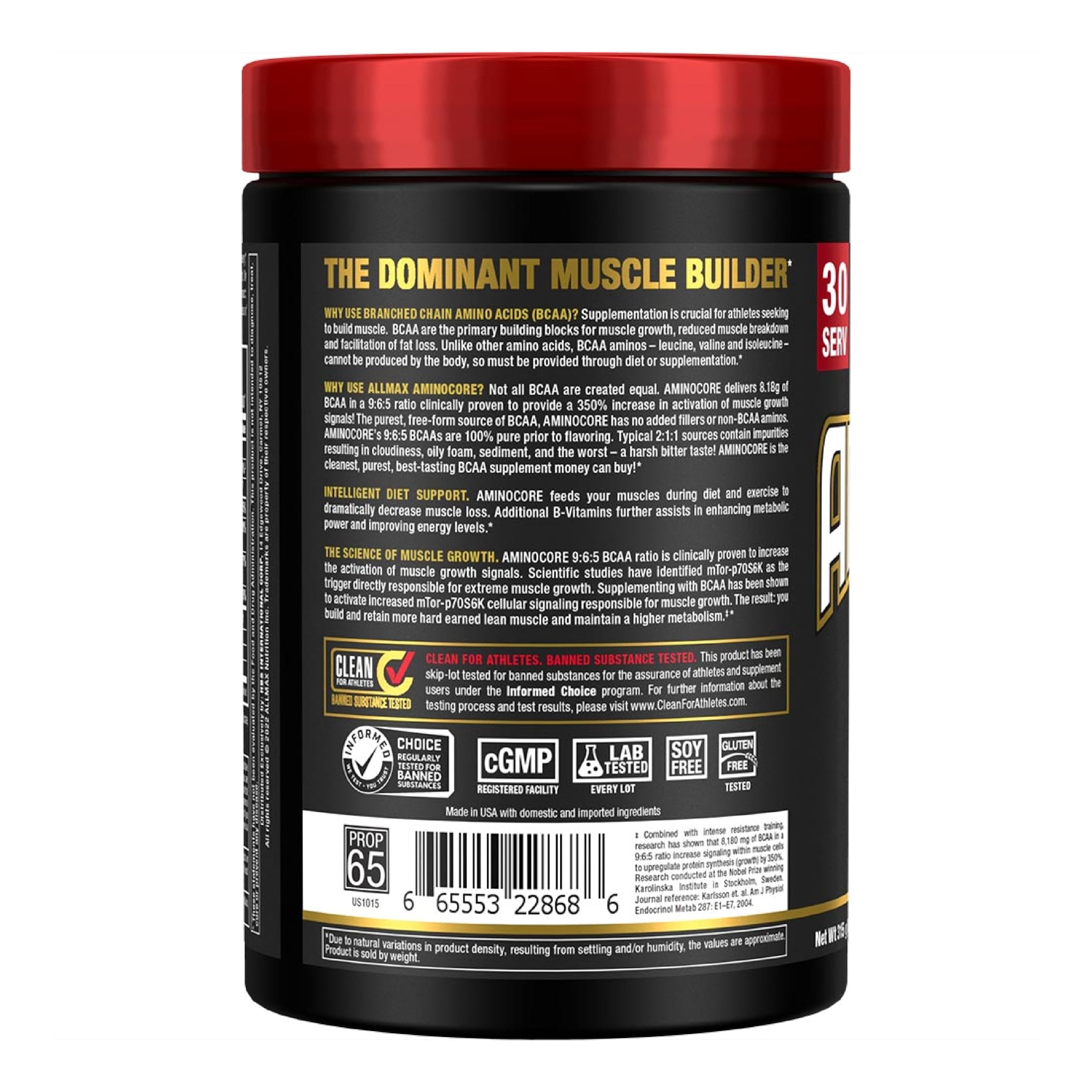 Nutrition facts panel for AMINOCORE BCAA Powder Sweet Tea