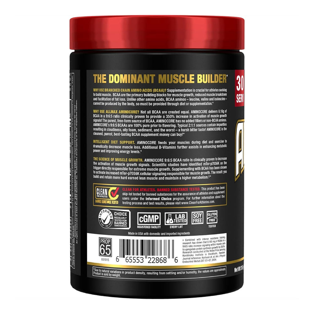 Nutrition facts panel for AMINOCORE BCAA Powder Sweet Tea