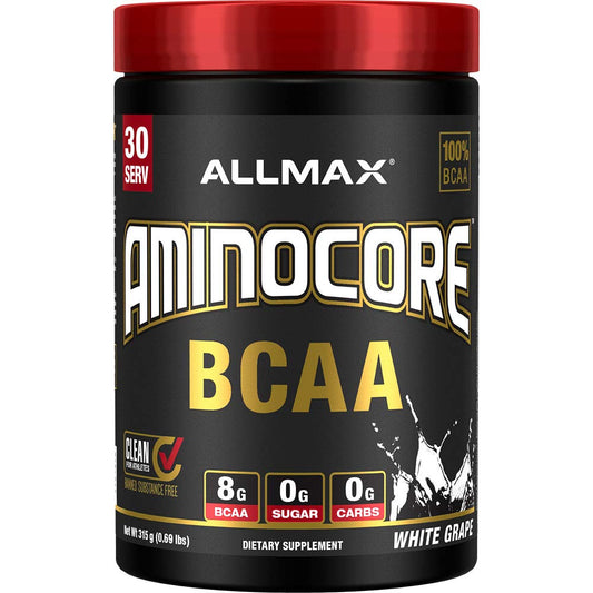 ALLMAX AMINOCORE BCAA powder canister in White Grape flavor