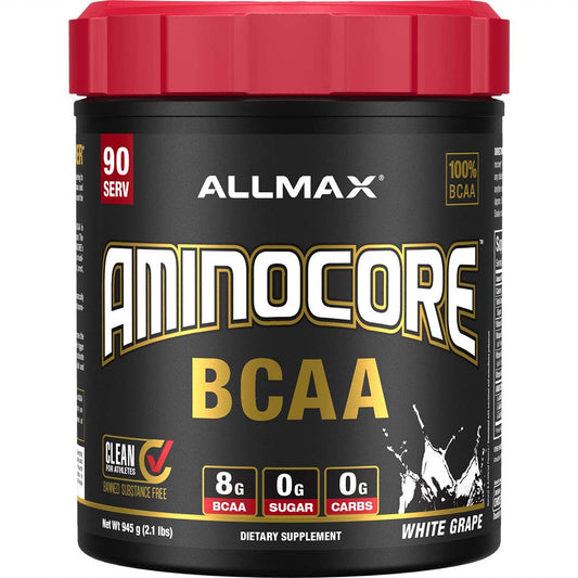 Front view of ALLMAX AMINOCORE BCAA Powder tub in White Grape flavor, 945 g