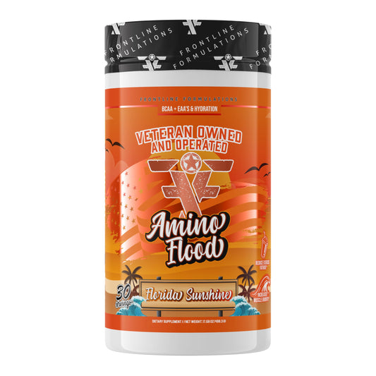 Amino Flood Frontline Formulations bottle label featuring BCAA and EAA recovery
