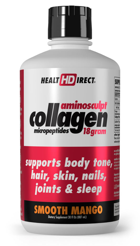 Front view of HEALTH DIRECT AminoSculpt Sugar-Free Liquid Collagen Mango flavor bottle, 30 Fl Oz