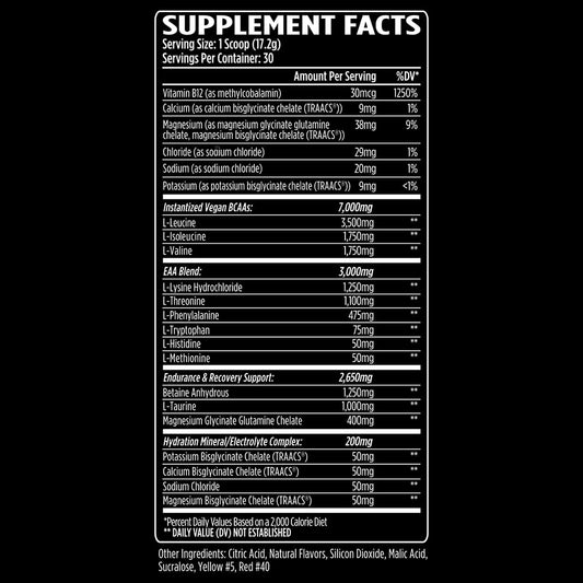 Scoop of Aminogex Ultra BCAA powder with tropical mango flavor and serving glass