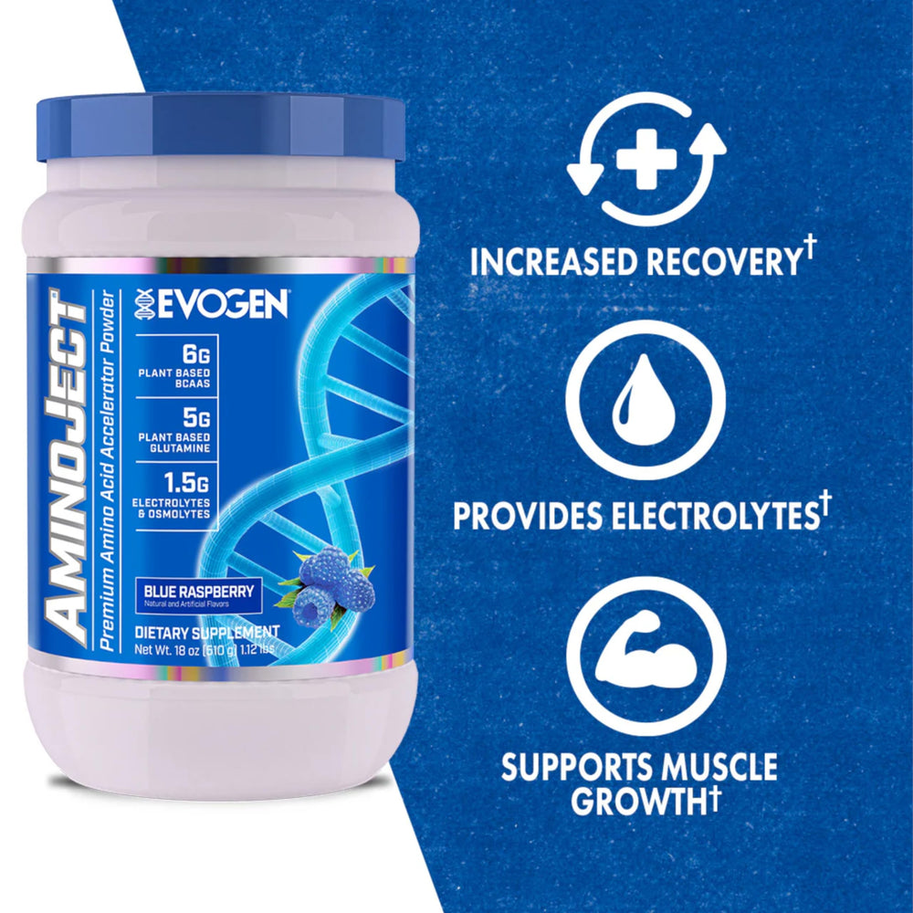 Close-up of AminoJect powder in scoop - blue raspberry