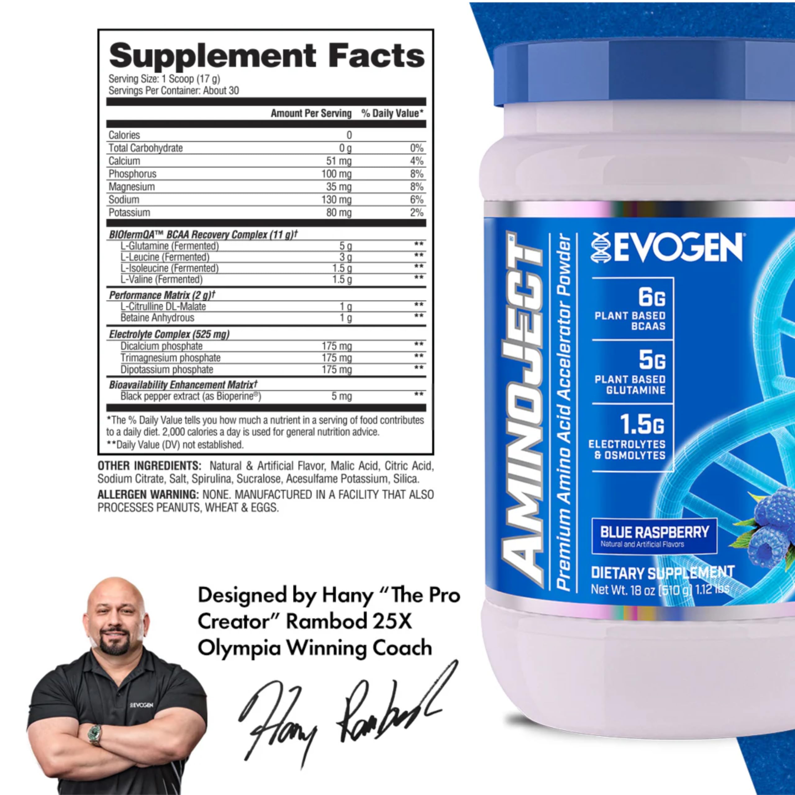 AminoJect product label highlighting BCAAs & EAAs - blue raspberry