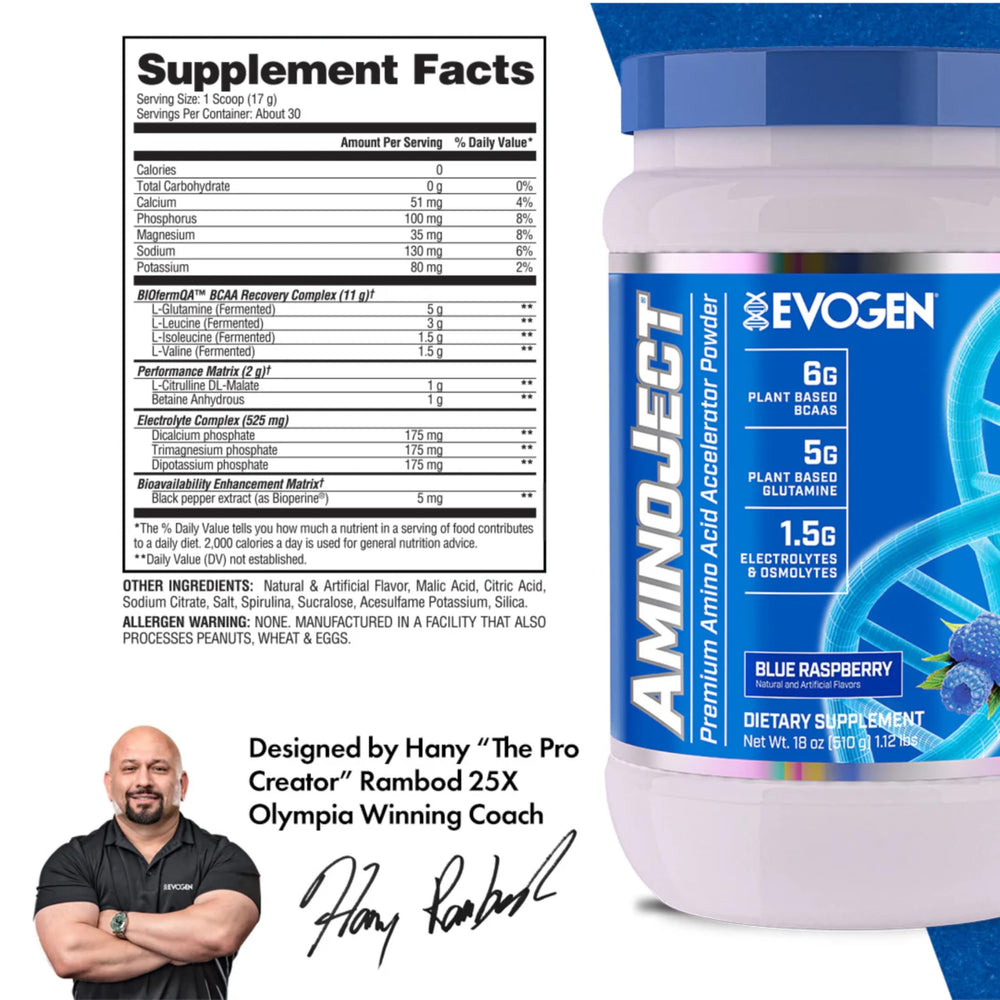 AminoJect product label highlighting BCAAs & EAAs - blue raspberry