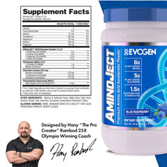 AminoJect product label highlighting BCAAs & EAAs - blue raspberry