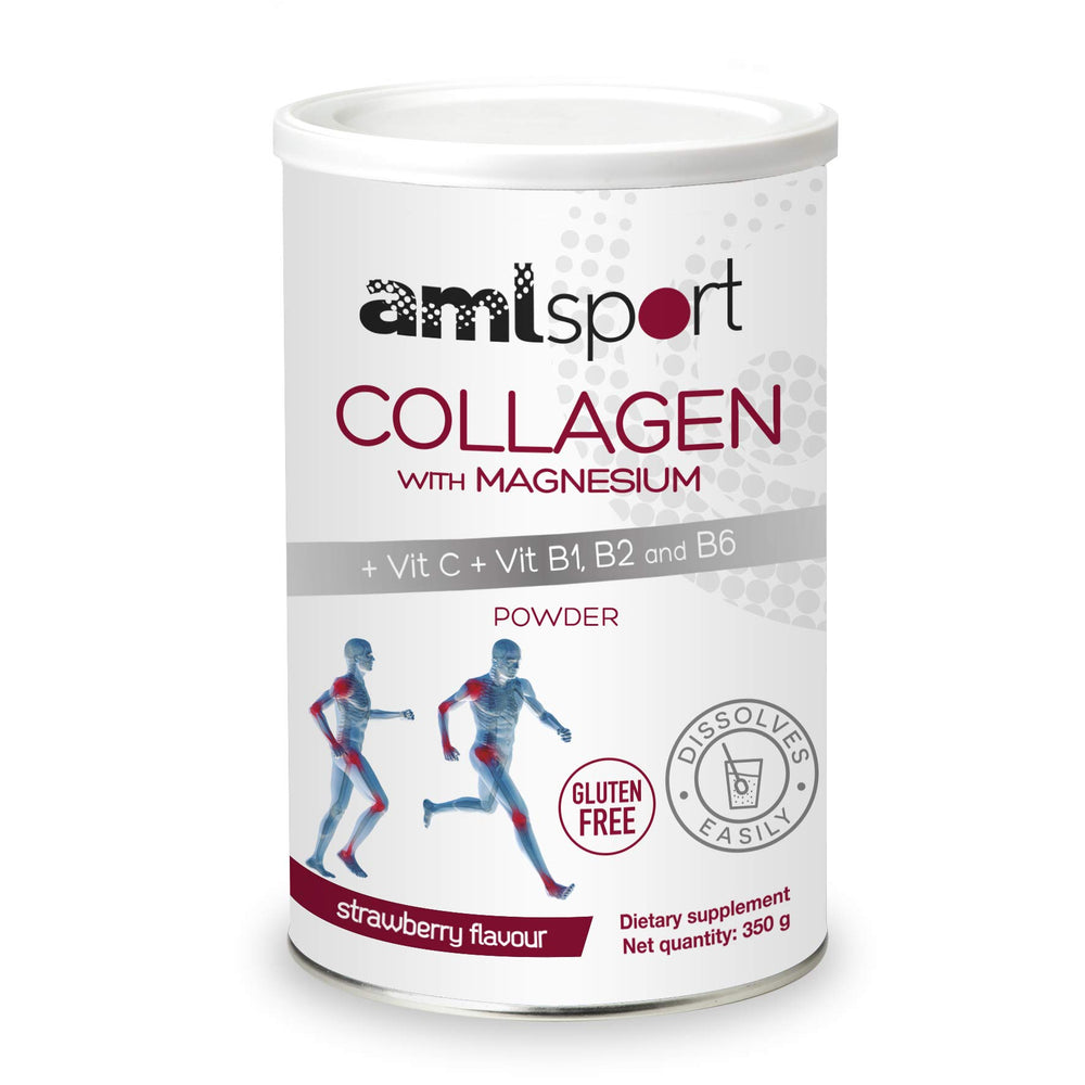 AML Sport Collagen powder with Magnesium, Vitamin C and B vitamins in Strawberry flavor, 350g – front view.